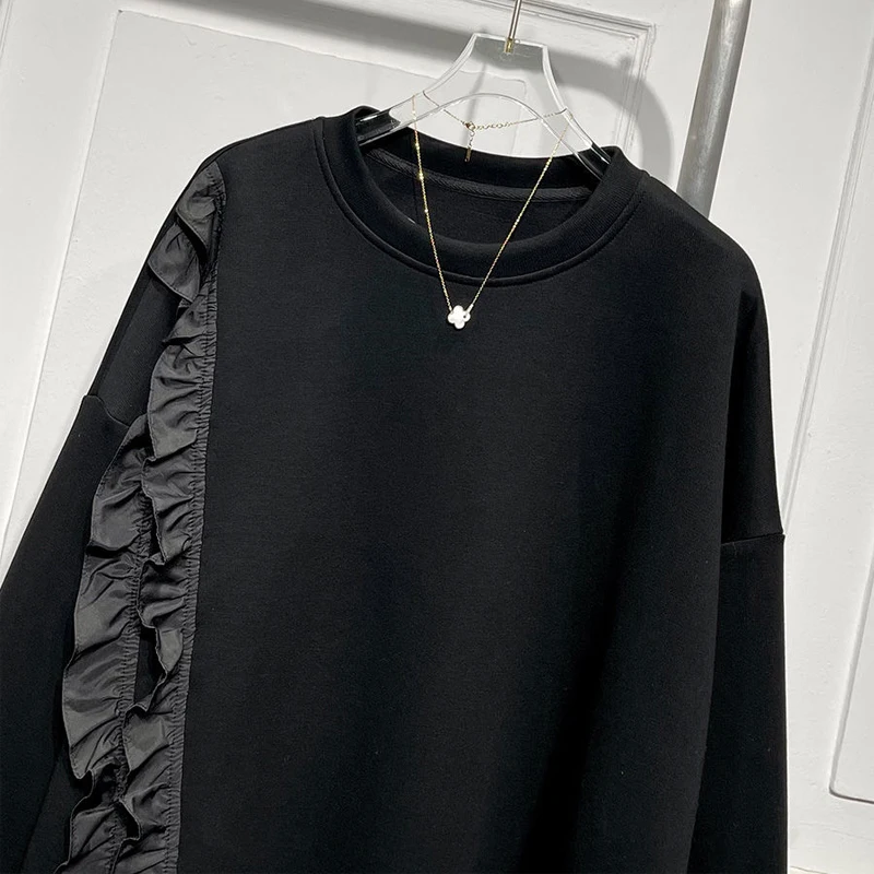 Women Trendy Ruffles Casual Streetwear Chic Oversized Sweatshirt Y2K Autumn Winter Korean Solid Fleece Long Sleeve Pullover Tops