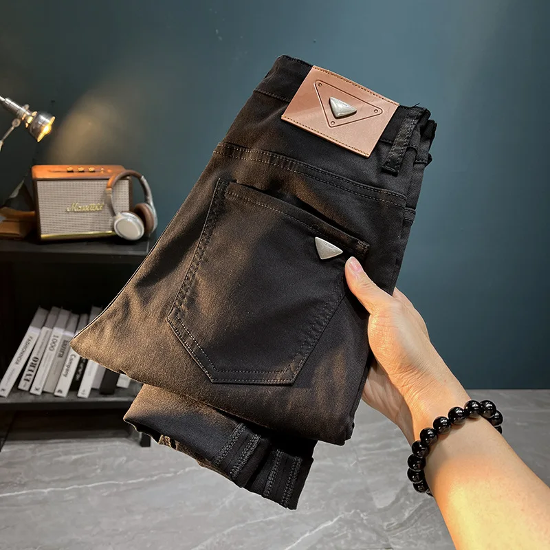 Pure black jeans men's high-end affordable luxury fashion stretch pencil pants trendy all-match casual slim fit skinny pants