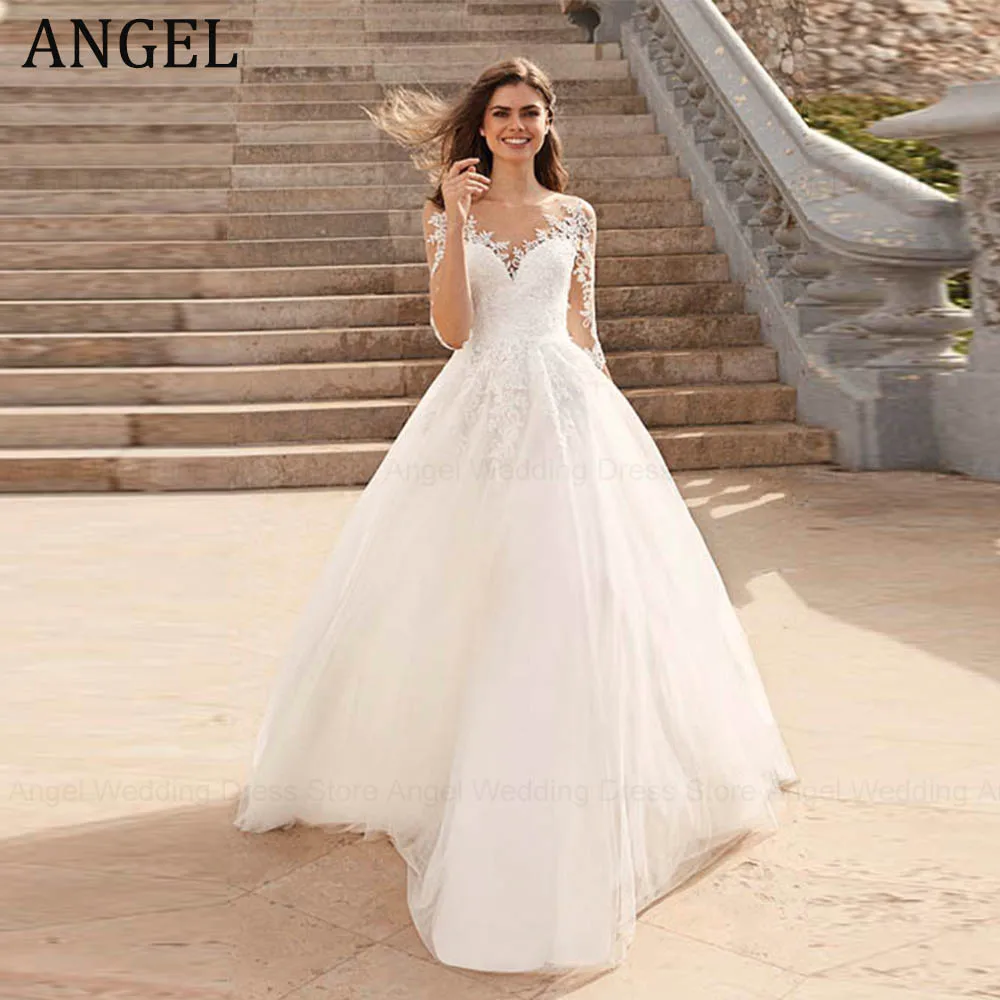 

ANGEL Elegant Wedding Dresses For Woman 3/4 Sleeves O-Neck Illusion Civil Bride Gowns Lace Applique A-Line vestido de noiva