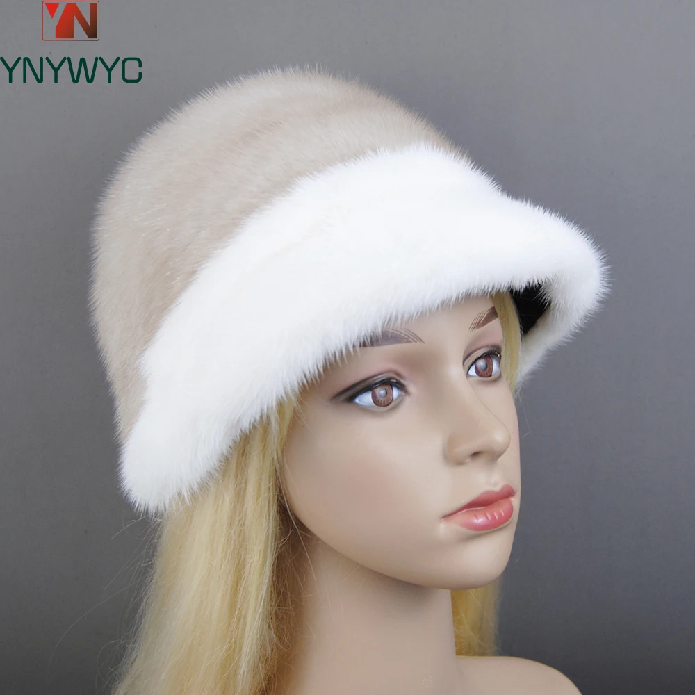 

2023 Woman Winter Solid Mink Caps With Fashion Masonry Natural Mink Fur Hats New Russian Girl Soft Knitting Real Fur Bucket Hats