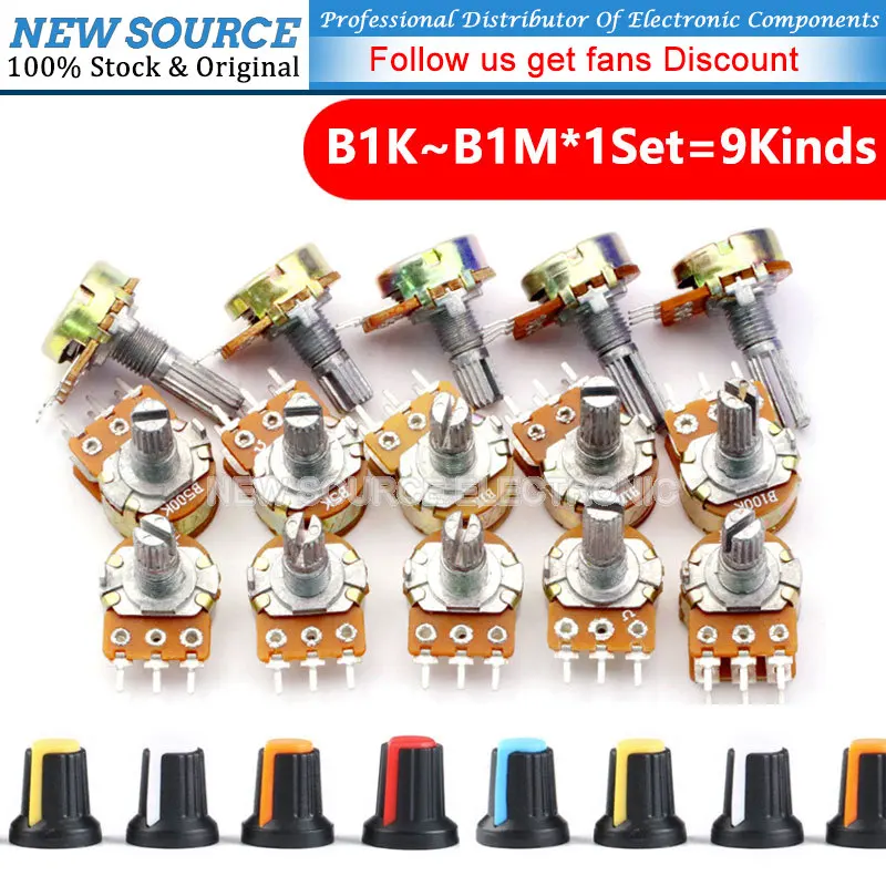 10 Pz Wh148 Kit Potenziometro Rotativo Conico Lineare Con Tappo Manopola B1K 2K 5K B10K 20K 50K 100K 500K 1M Ohm Ag2 15Mm 3Pin