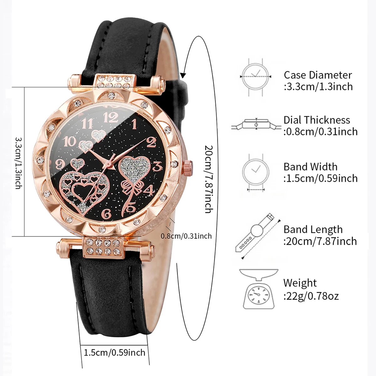 3pcs/set Women Fashion Leather Strap Heart-shaped Dial Quartz Watch for Ladies Black White Pink Set 5