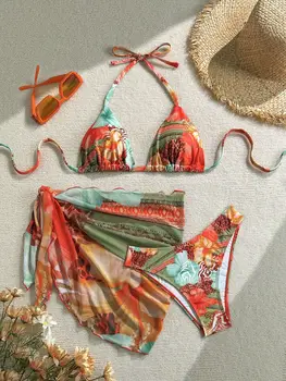Sexy Skirt 3 Piece Bikinis Sets 2026 Women Orange Floral Tiger Print Push Up High Waist Swimsuit Bathing Suit Swimwear Biquini 1