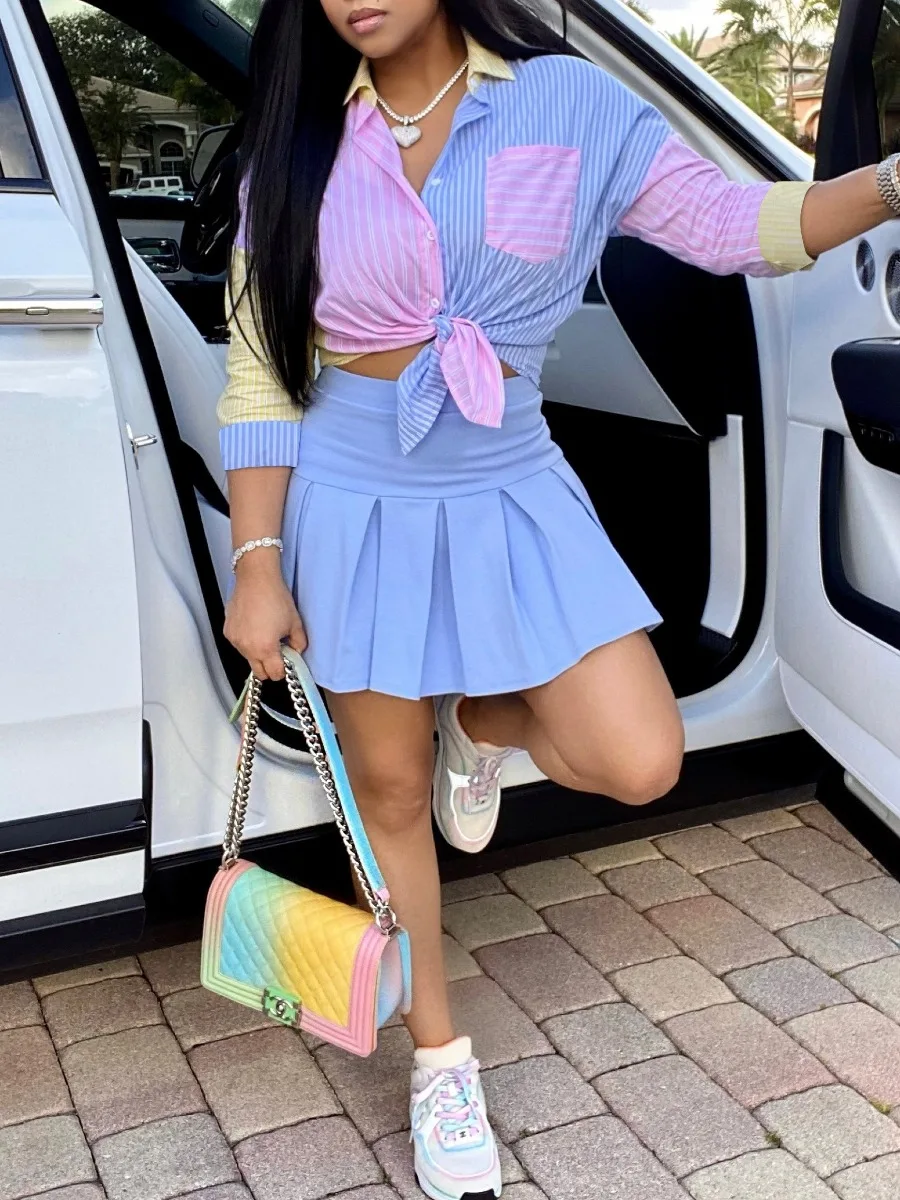 LW 2023 Autumn New Women Clothes Fashion Casual Streetwear Contrast Striped Pleated Sweet Baby Blue Two Piece Skirt Set