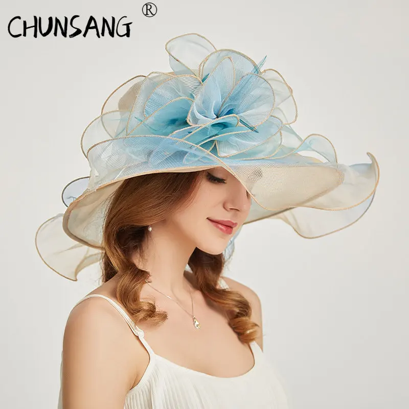 

New Fashion Vintage Organza Flower Large Fascinators Summer Sun Hat Beach Bucket Sombrero Hats for Women Girl Women's Cap Party