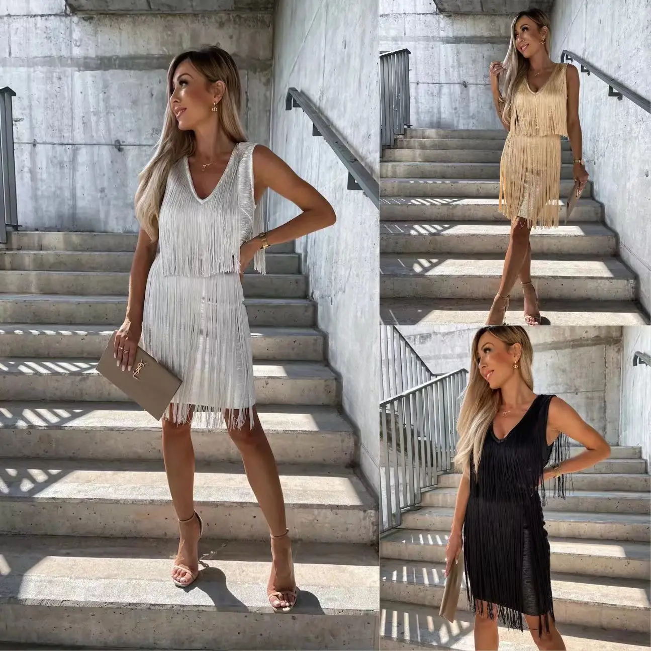 

Fringed Sexy Slimming Dress, V-neck, European and American