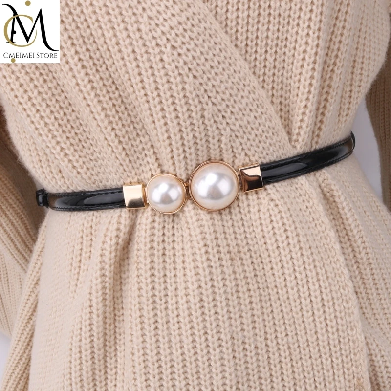 

Creative Pearl Buckle Belt Genuine Leather Dress Skirt Waist Thin Women Belts Ladies Waistband Clothing Matching Style