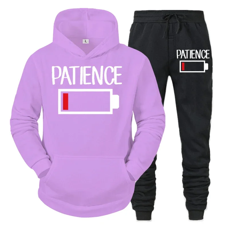 thumbnail image 1 of Conjunto de 2 piezas de sudadera y pantalones divertidos con estampado de batería "PATIENCE" para hombre, sudadera de manga larga, chándal, ropa deportiva unisex, 1 of 5
