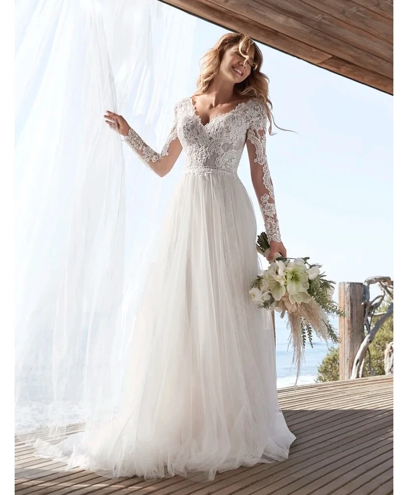 Lace Tulle Long Sleeve Wedding Dress 2022 Boho V-Neck Appliques Bridal Gown For A- Lace Appliques Bride Gown Backless Tulle 2025 2