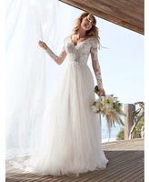 Lace Tulle Long Sleeve Wedding Dress 2022 Boho V-Neck Appliques Bridal Gown For A- Lace Appliques Bride Gown Backless Tulle 2025 2