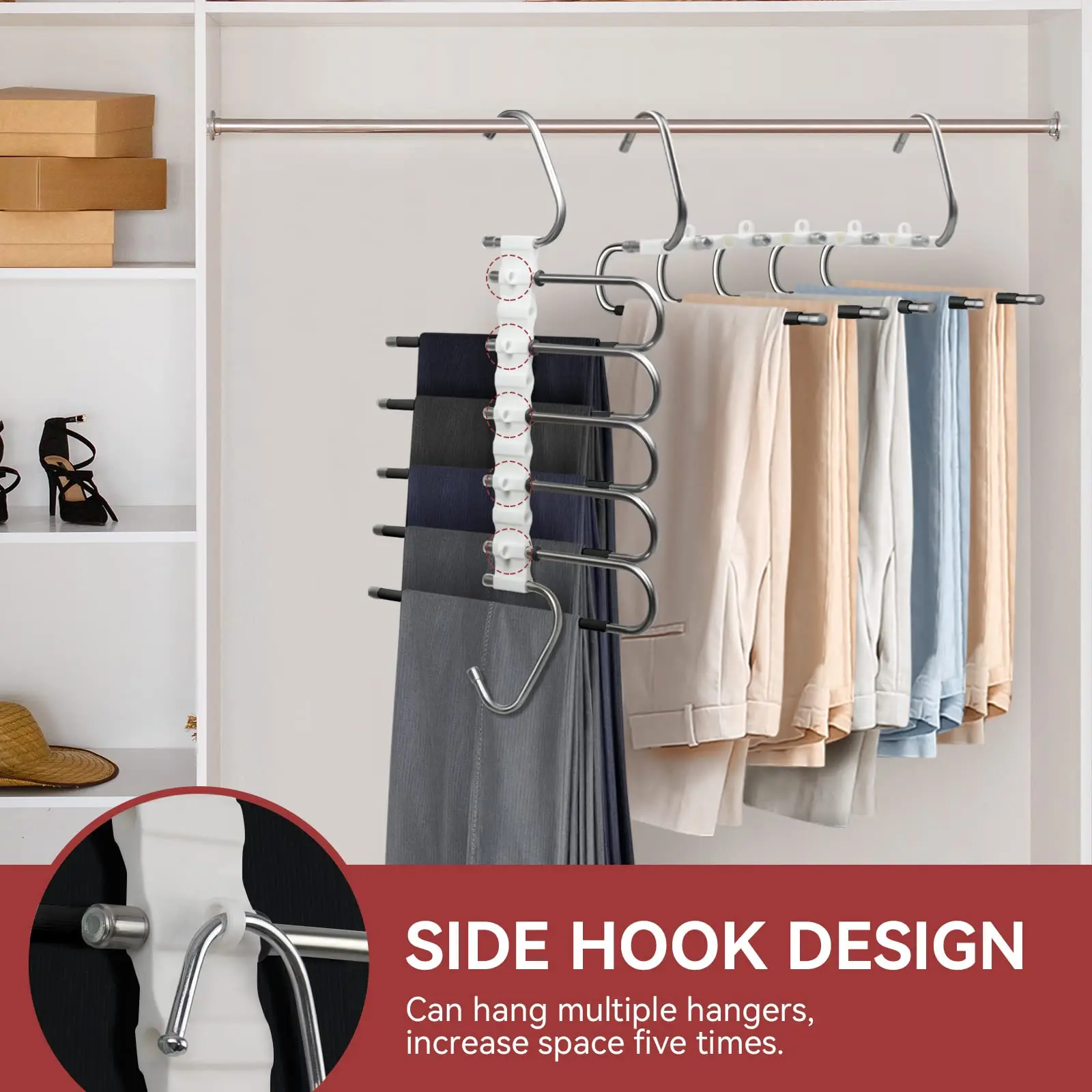 Stainless Steel Clothes Hangers, 5Layers, Space Saving Pants Rack,Non Slip  PP Closet Organizer with Hooks for Trousers and Scarf