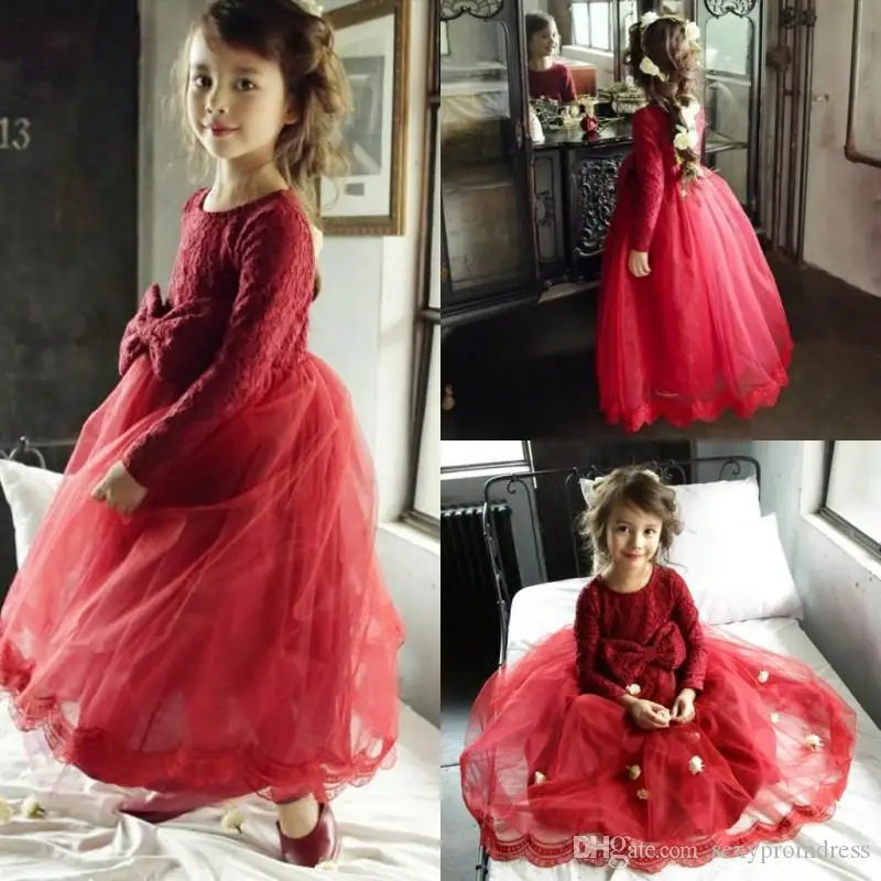

Red Lace Long Sleeve Girls Pageant Gowns With Big Bow Tulle Puffy Skirt Flower Girl Dresses For Wedding Long Children Communion