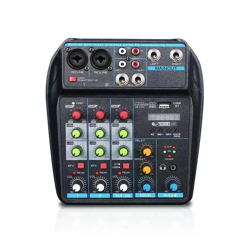 Woopker 4 Channel Audio Sound Mixer Mixing Console Bluetooth 48V Phantom Power Monitor Karaoke System USB Mixer Audio