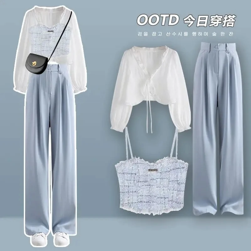 

2024 Summer New Korean Elegant Matching Set Women Fashion Lace Up Sunscreen Shirt+suspender+suit Wide Leg Pants Three Piece Suit