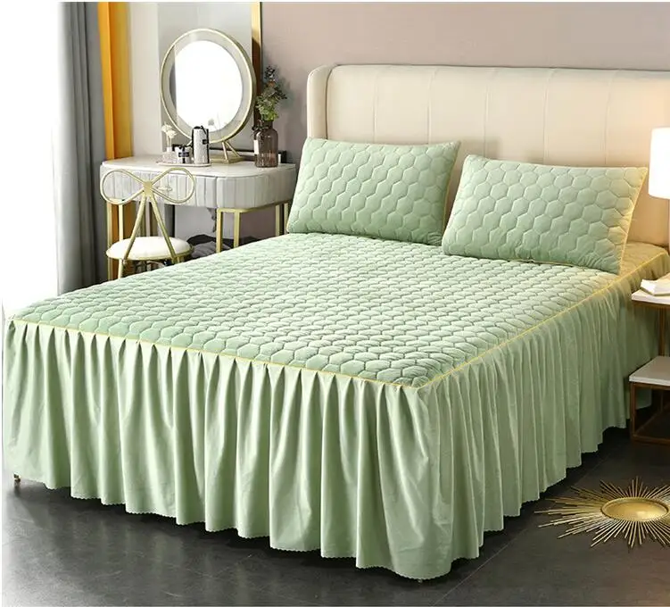 Crystal velvet bed skirt with cotton clip three piece set thickened anti slip bed cover milk velvet warm cover