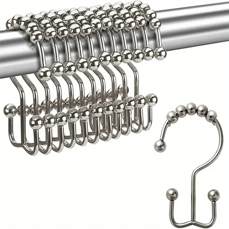 12pcs Stainless Steel Shower Curtain with Roller Balls-Double Glide Design for Easy & Secure Hanging on Shower Rods