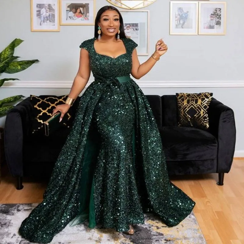 Green Sequined Mermaid Evening Dresses WIth Detachable Train Bow Ribbon Sash African Plus Size Prom Dress African Gowns evening maxi dresses