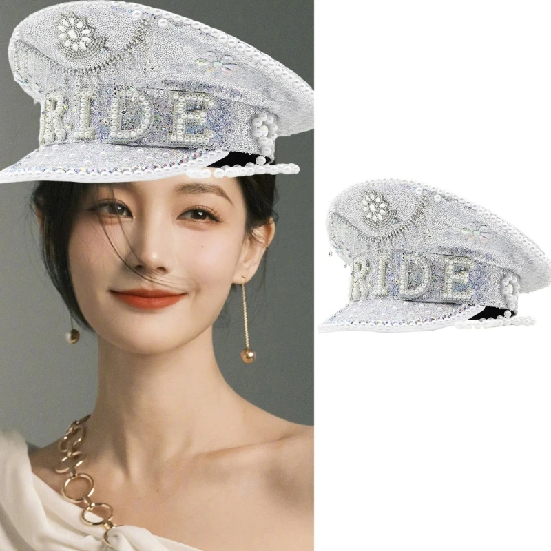 

Bride Hat Pearls Captain Hat Encrusted Rhinestones Delicate BRIDE Diamond-studded Hand Beading Hat