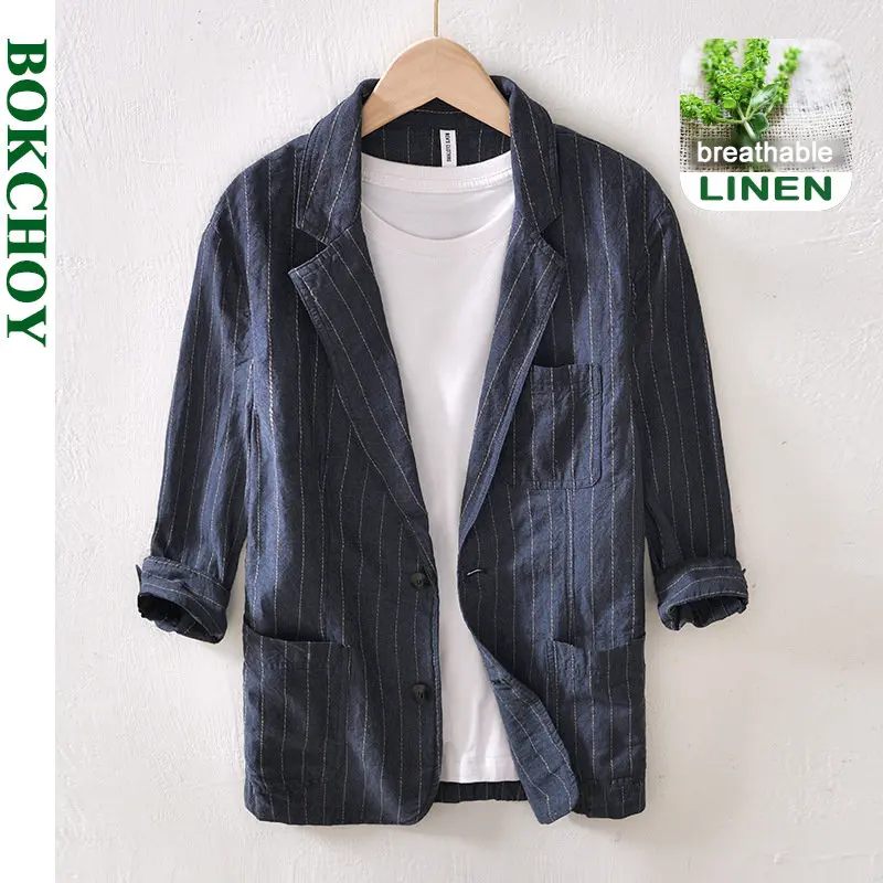 

Spring and Summer New Casual Striped Blazers Linen and Cotton 3/4 Sleeve Safari Suits for Men Clothing BL950