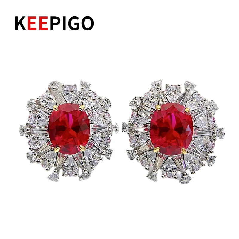

KEEPIGO S925 Sterling Silver 8*10mm Egg Shape High Carbon Diamond Ruby Earrings For Women Sparkling Wedding Fine Jewelry RA179