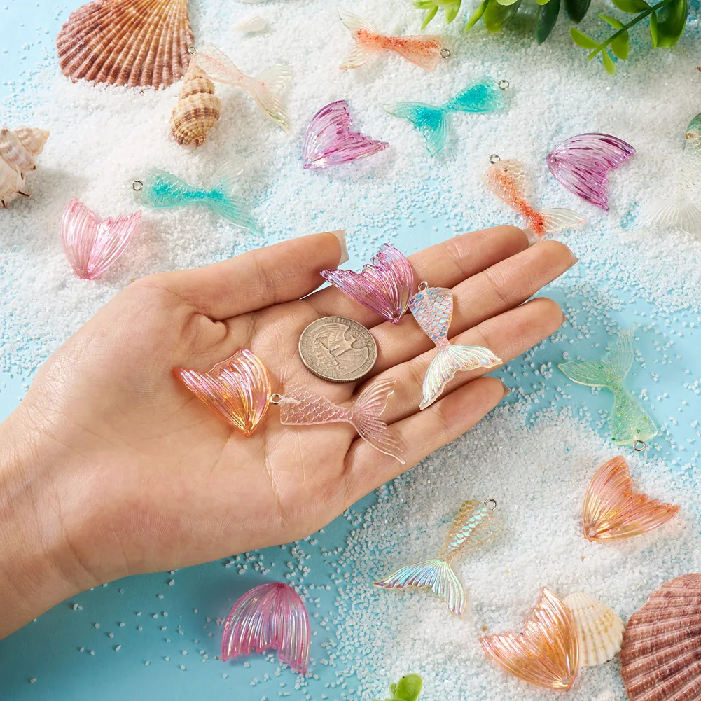 32pcs Resin Mermaid Tail Charms Fishtail Flatback Acrylic Pendant with Glitter Powder for Earring Necklace DIY Jewelry Making