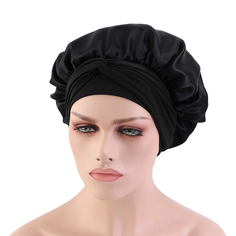 Satin Hat Hair Night Fashion Sauna bonnets Bathroom accessory  Elastic strap type shower cap for women 4