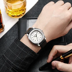 Elegant Men's Quartz Sports Watch with Casual Leather Strap (Black sliver)