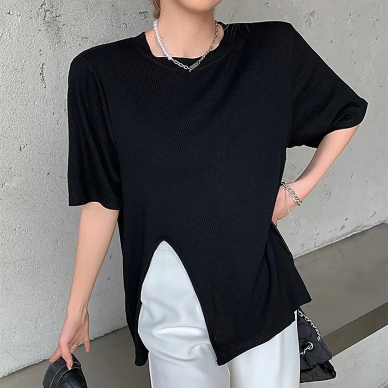 

Summer Women Ulzzang T-Shirt Casual Solid Round Neck Split Tops Ladies Harajuku Irregular Loose Short Sleeve Tshirts Female
