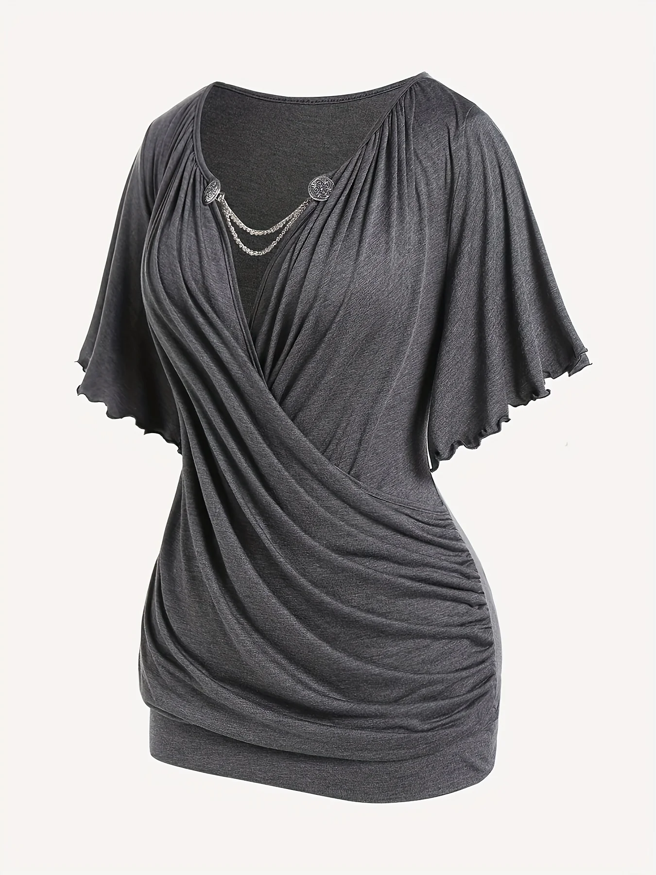European and American new hit fashion women’s pleated chain embellished V-neck plus-size T-shirt top Best Sellers In Women's Clothing