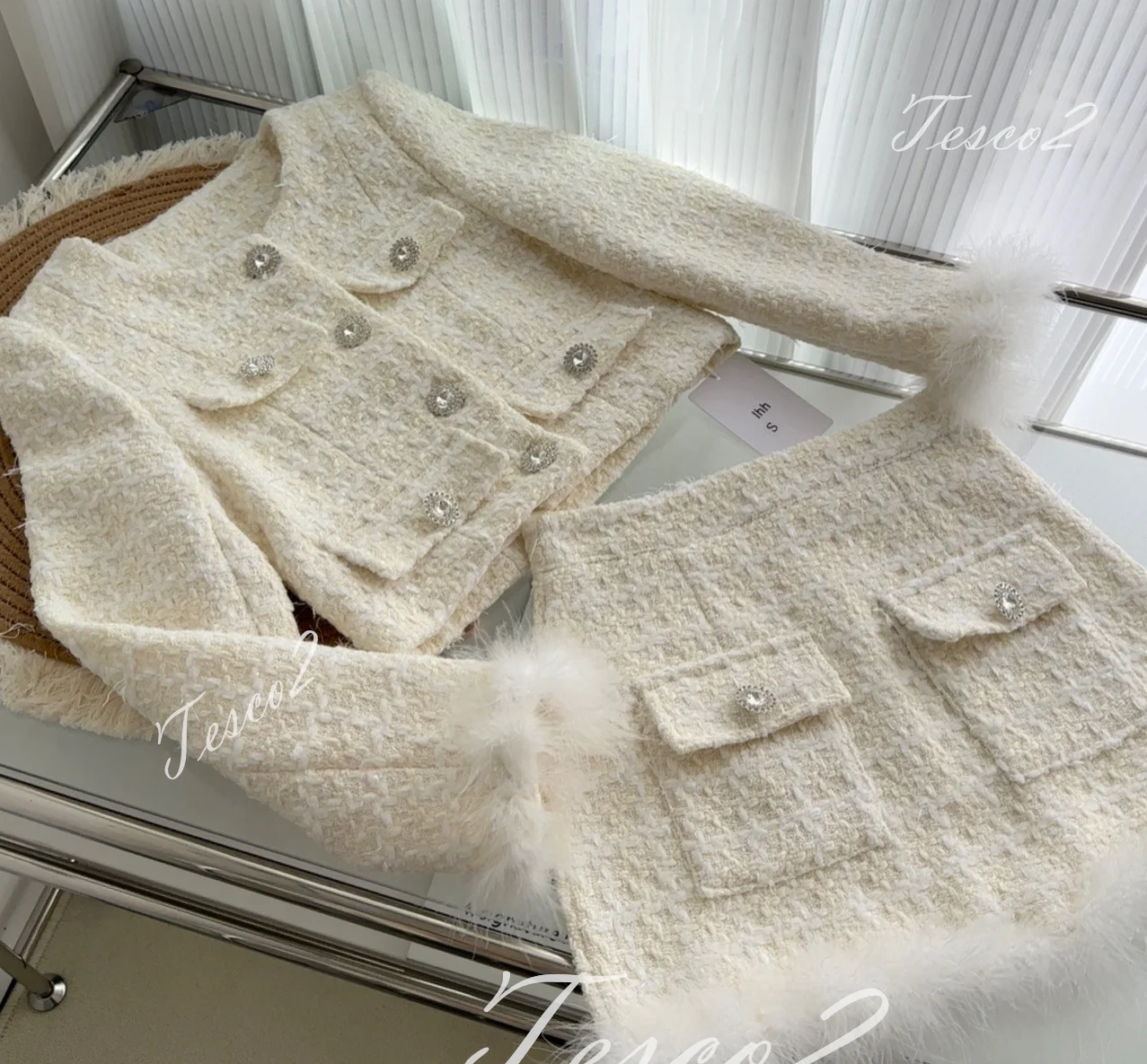 Tesco White Women Skirt Sets Short Blazer And Skirt With Feather Chic Tweed Women Suit Sets For Party For Women 2024 Spring