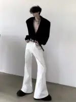 2024 New High-end White Jeans Men's American Style Retro High Street Trendy Zipper Flared Denim Trousers Male Pocket Denim Pants 2