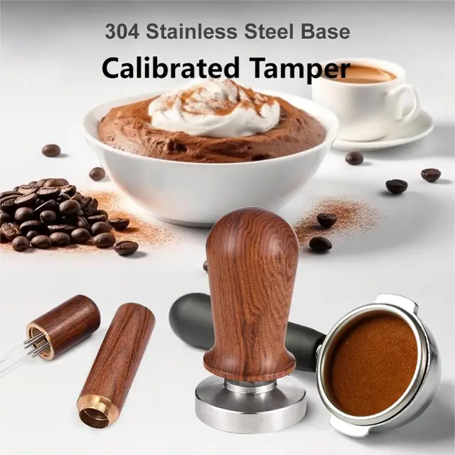 51mm Espresso Tamper and Stirrer Set Coffee Calibrated Tamper with Spring Loaded Flat 304 Stainless Steel Base Barista Wooden
