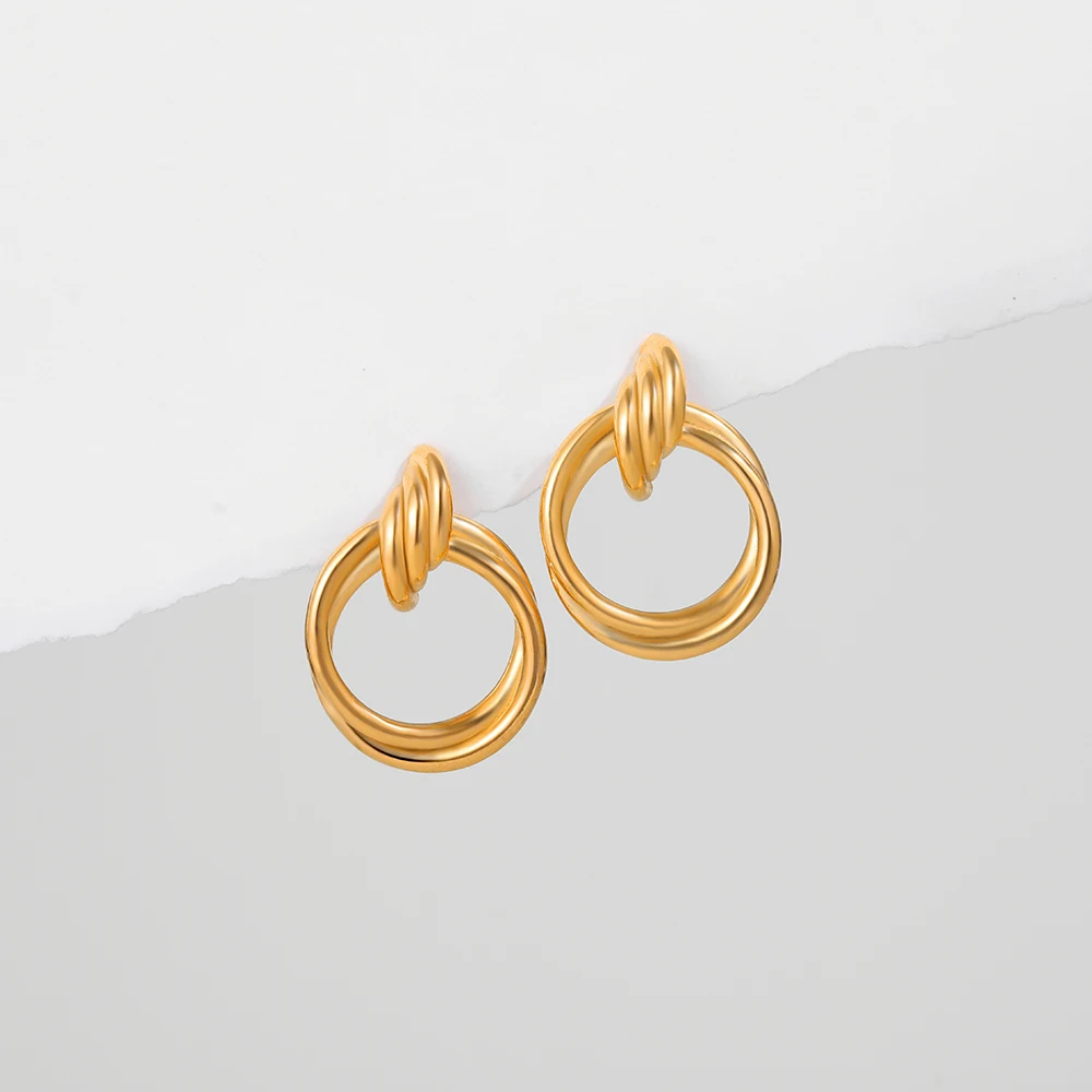 Stylish Gold Color Knot Ear Stud Double-layer Circle Twist Hoop Huggie Earrings Hypoallergenic Statement Jewelry for Women Aros