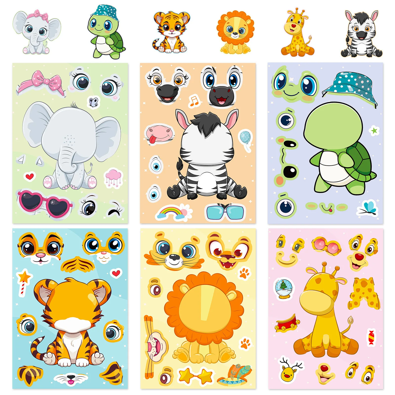 6PCS Reusable Animal Face Changing Stickers Cartoon Giraffe Turtle Tiger DIY Fun Kids Toys Cute Party Favors Creative Crafts