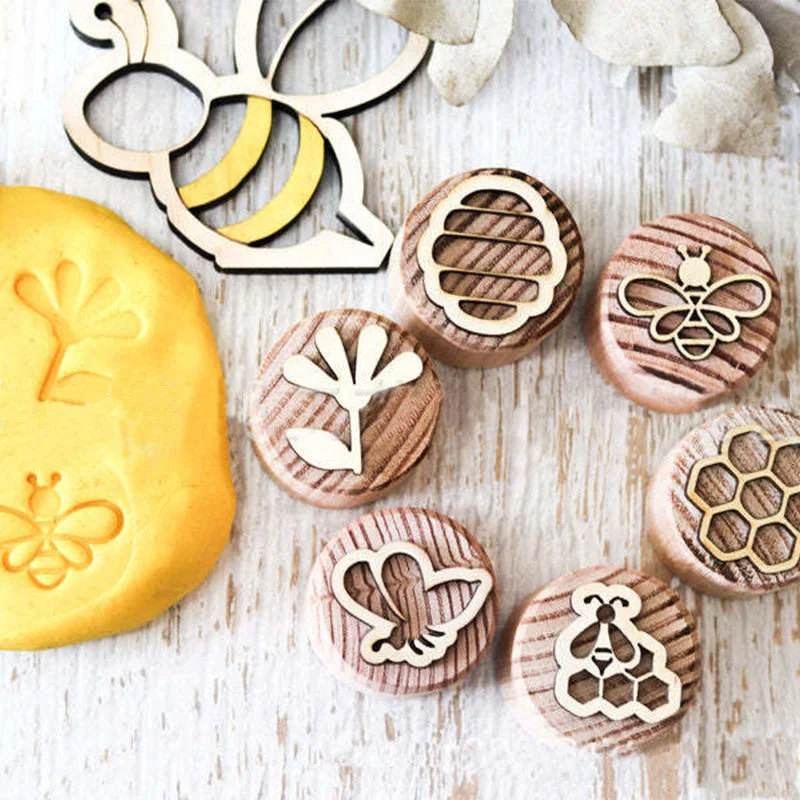 

6pcs/set Montessori Wooden Play Dough Stamps Open Ended Play Toys With Kids Handmade Stamps Early Educational Game For Children