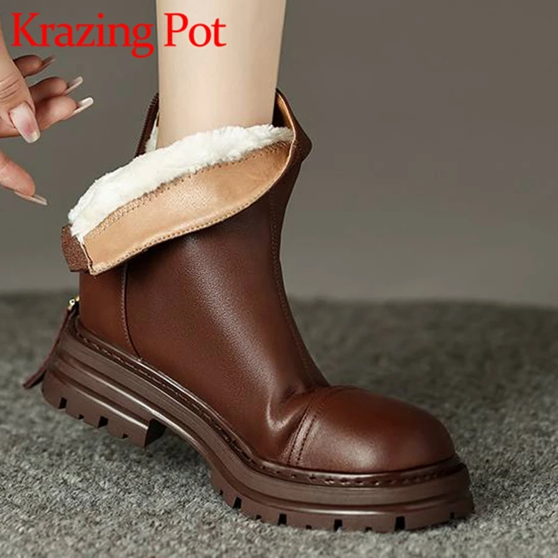 

Krazing Pot Cow Leather Round Toe Med Heel Snow Boots Keep Warm Fur Vintage Joker platform Big Size Simple Style Zip Ankle Boots