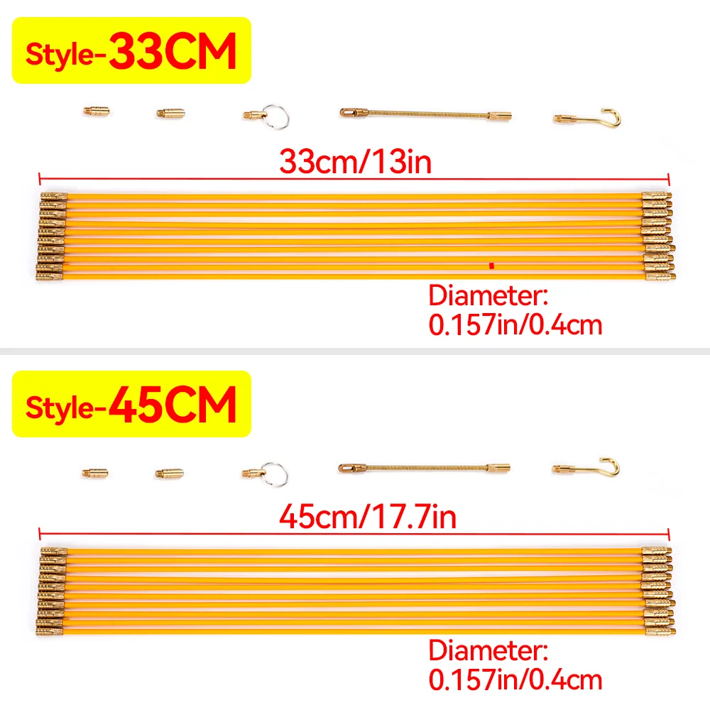 33CM/45CM Fiberglass Wire Cable Push Puller Running Rods Fish Pulling Kit Wall Electrical Wires Hook Rods Tool 10Pcs cable puller