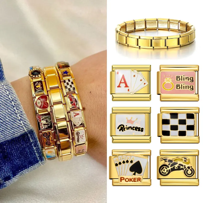 Personalized DIY Gold Color Italian Charm Bracelet Stainless Steel Poker Princess Bling Motorcycle Bead Fit 9mm Bracelet Jewelry