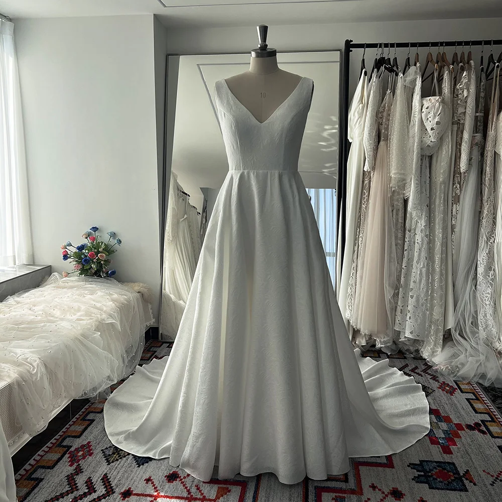 Mryarce Sleeveless Jacquard Wedding Dress V Neck A Line Bridal Gowns With Pockets 6