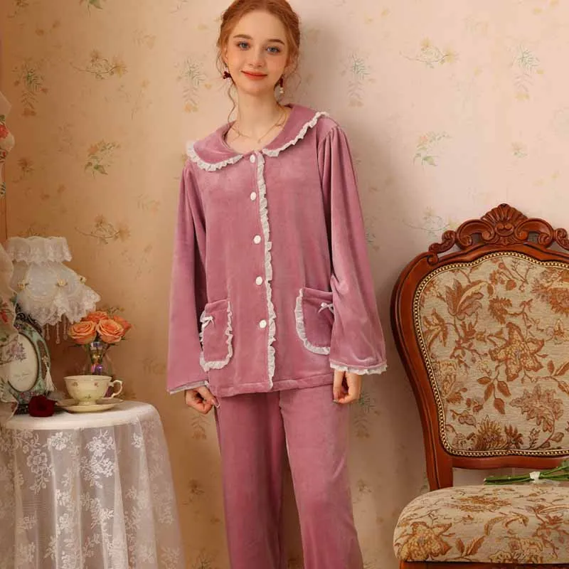 

Palace Princess Neck Sleepwear Autumn Winter New Long Sleeve Cute Home Wear Coral Fleece Sweet Two Piece Set Flannel Pajamas