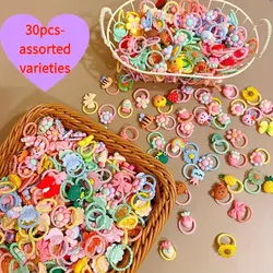 30 - Piece Decorative High Elastic Hair Bands for Girls - Cartoon Animal, Flower, and Fruit Designs (Mixed color 30pcs)