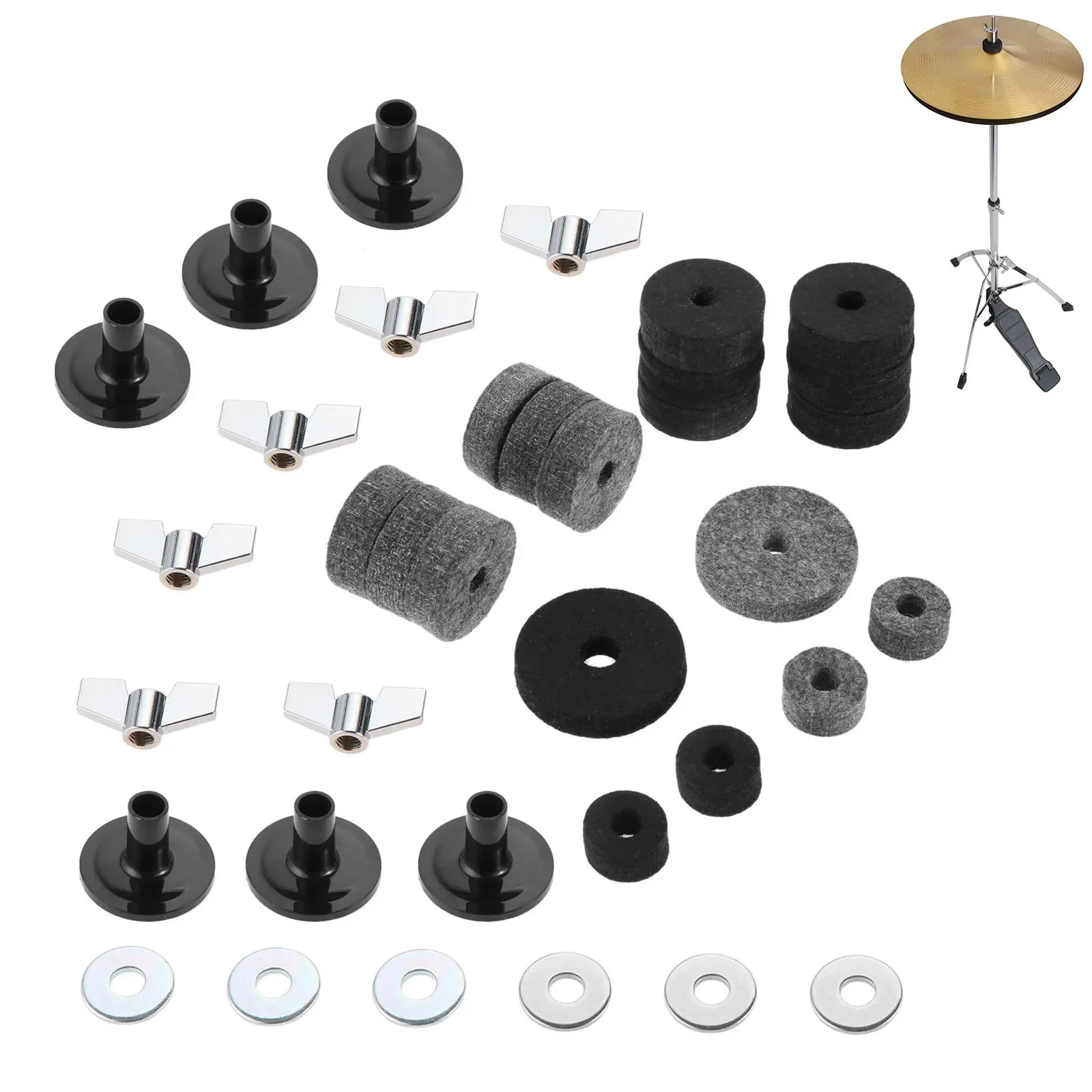 Cymbal Felts Hi-Hat Clutch Felt Hi Hat Cup Felt Cymbal Stand Sleeves with Base Wing Nuts and Washer for Drum 18 Pcs/set