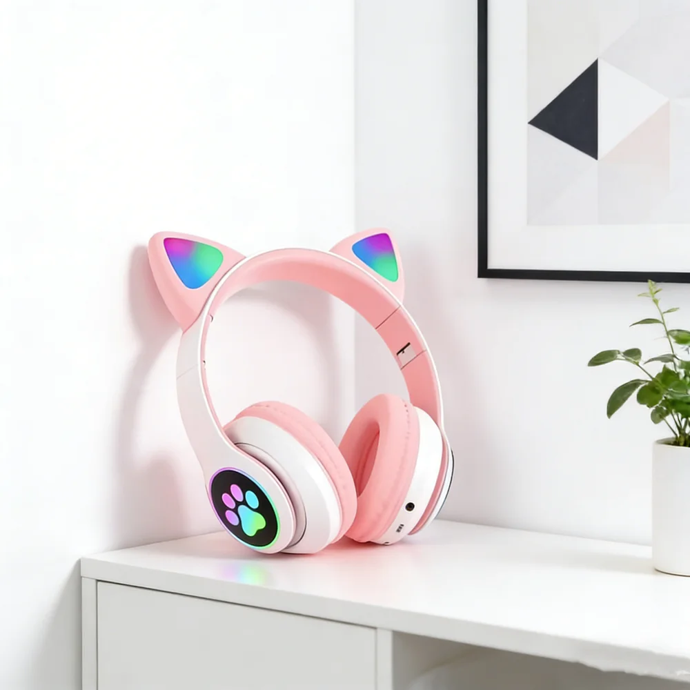 Nieuwe draadloze RGB-koptelefoon met schattige kattenoortjes, microfoon, ruisonderdrukking, stereo-muziek voor kinderen. Een leuk cadeau voor kinderen._voghion.com