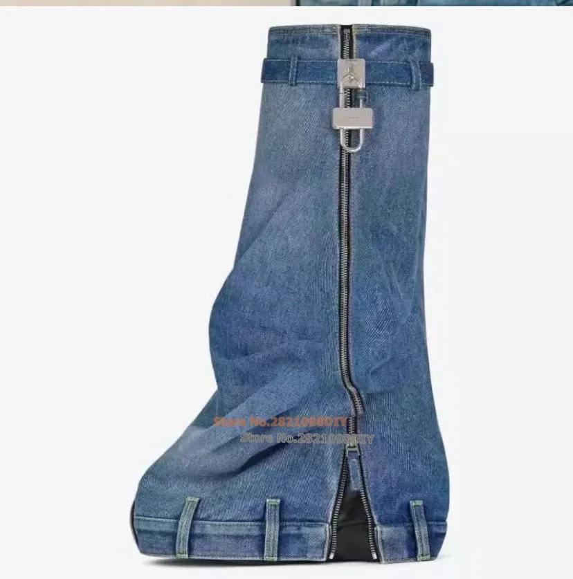 

Platform Denim Wash Water Make Old Bottines Shark Lock Compensate Knee High Boots Women Autumn Winter Long Zipper Boots Zipper