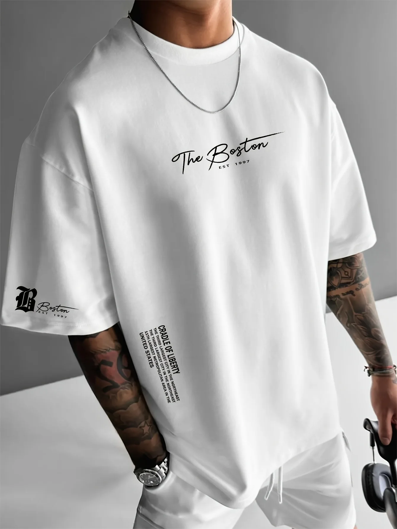 Men's Casual Fashion Kid T-Shirt 3D Print, Boston Slogan Letter, Crew Neck Pullover Polyester Summer Daily Outdoor Sports Casual
