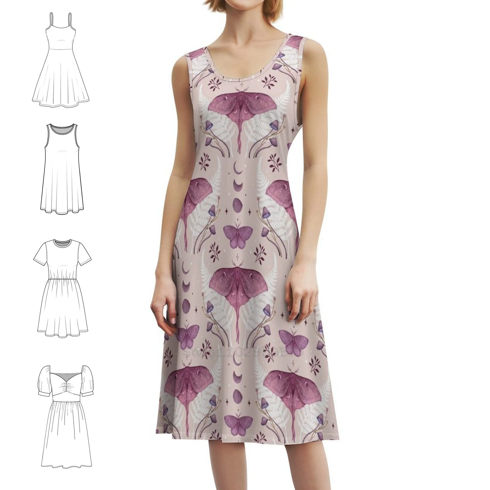 Luna And Emerald-Vintage Pink Bohemian Sleeveless Dress For Women Print Beach Party Dresses Pastel Pink Vintage Night Night