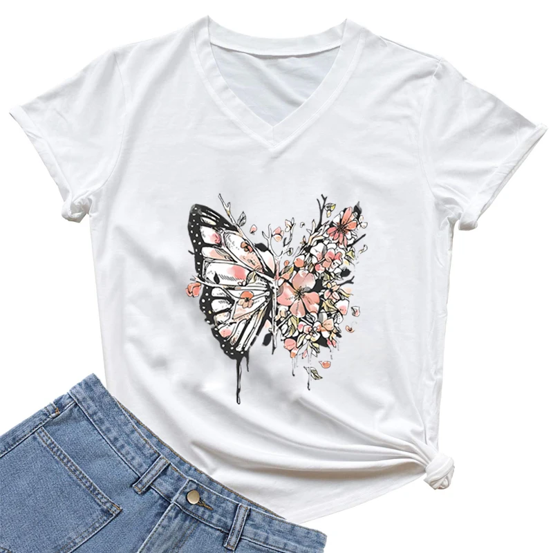 

Женская футболка с V-образным вырезом, акварельная футболка с цветочным принтом и бабочками, топ с коротким рукавом и принтом бабочек, женская футболка
