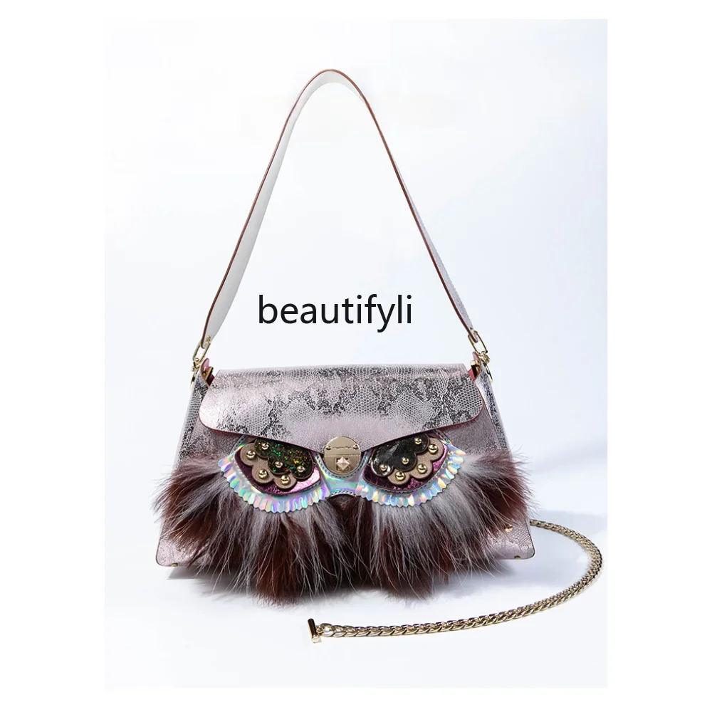

yj Niche Exquisite Furry Owl Eye Bag Shoulder Double-Sided Cowhide Bag