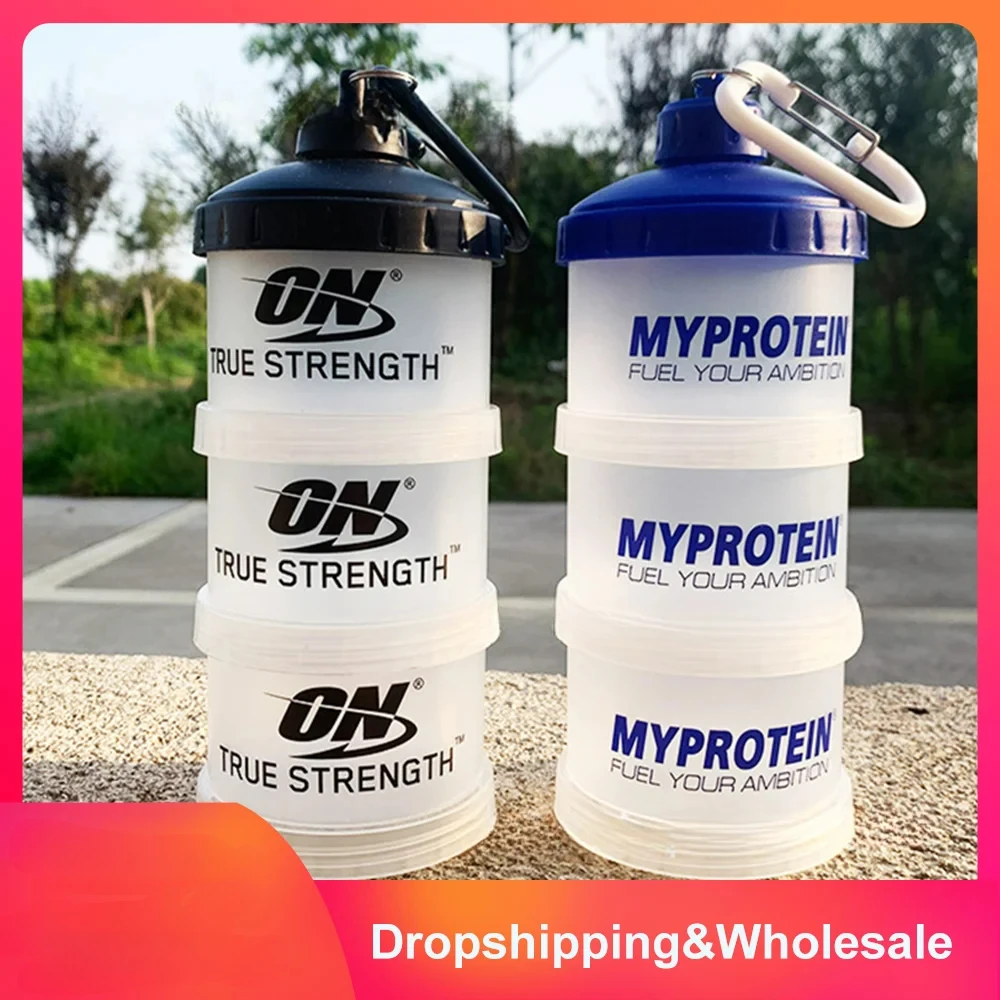 

3-layer Portable Protein Powder Box Funnel Powder Box Fitness Supplement Bottle Handle Layered Storage Medicine Box Snack Can
