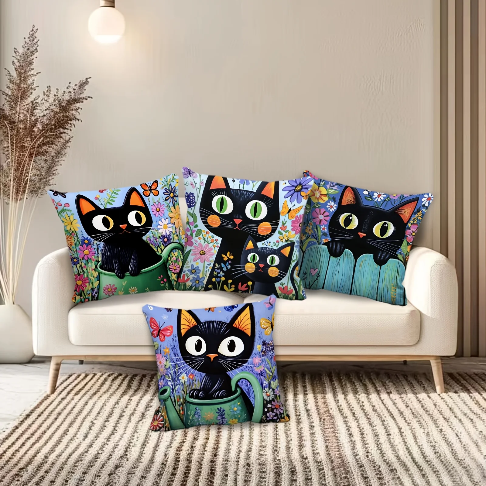 1/4pcs 검은 고양이 테마 꽃 인쇄 베개 커버 소파 쿠션 커버 홈 침실 룸 장식